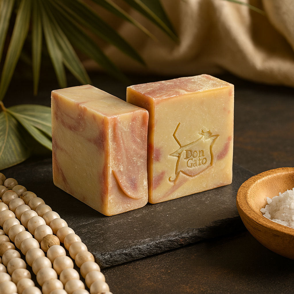 Coconut Sandalwood artisan soap by Jabonera Don Gato on a natural wooden surface with tropical palm leaves, linen fabric, and coconut shell decor, captured in a warm, photorealistic tropical minimalist setting.