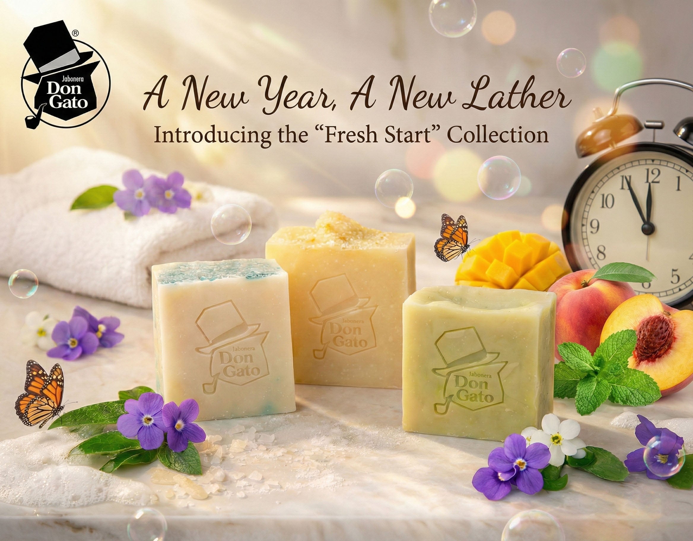 Fresh Start Collection artisan soaps by Jabonera Don Gato displayed with tropical fruits and flowers, inspired by renewal and calm daily rituals.