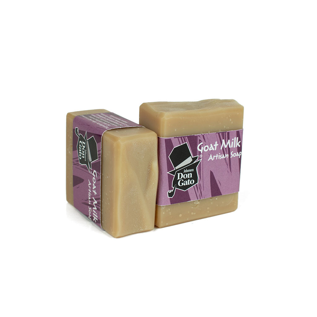 Goat Milk artisan soap by Jabonera Don Gato from the Bestsellers collection, wrapped in purple label with brand logo on white background.
