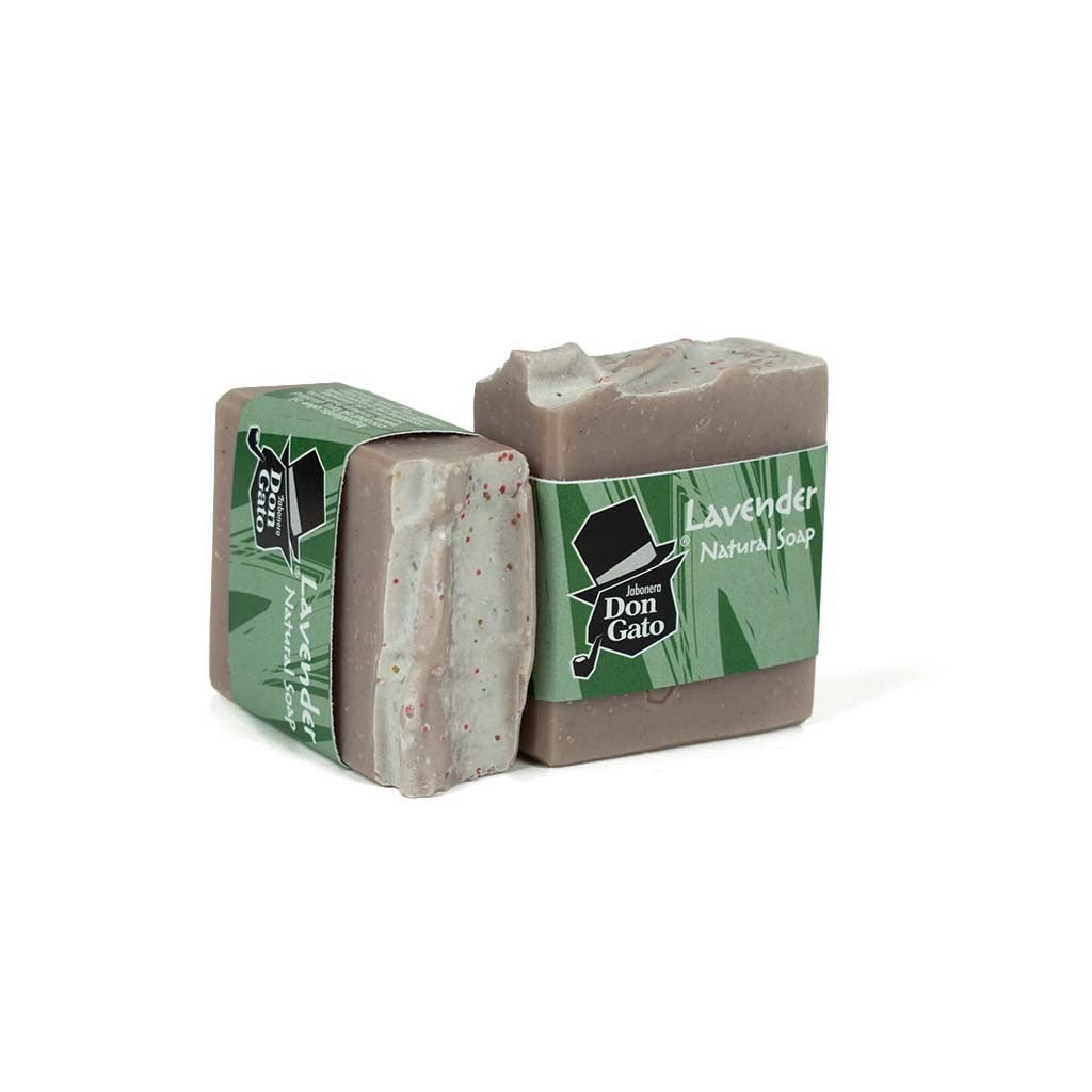 Lavender artisan soap by Jabonera Don Gato from the Natural Soap collection, wrapped in green label with brand logo on white background.

