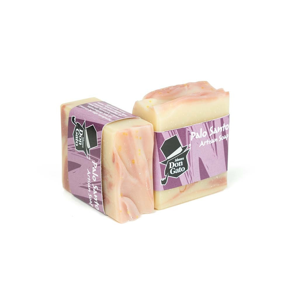 Palo Santo artisan soap by Jabonera Don Gato from the Bestsellers collection, wrapped in purple label with brand logo on white background.
