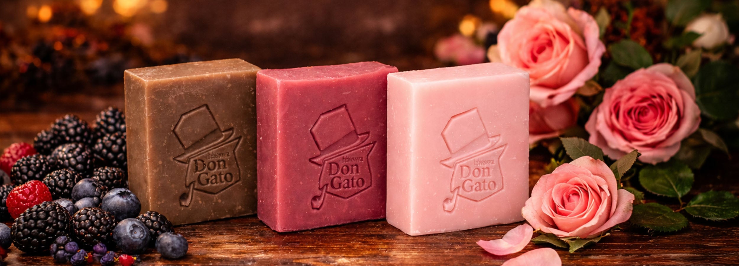 Three Don Gato artisan soaps with fresh roses and wild berries, captured in bright natural light.