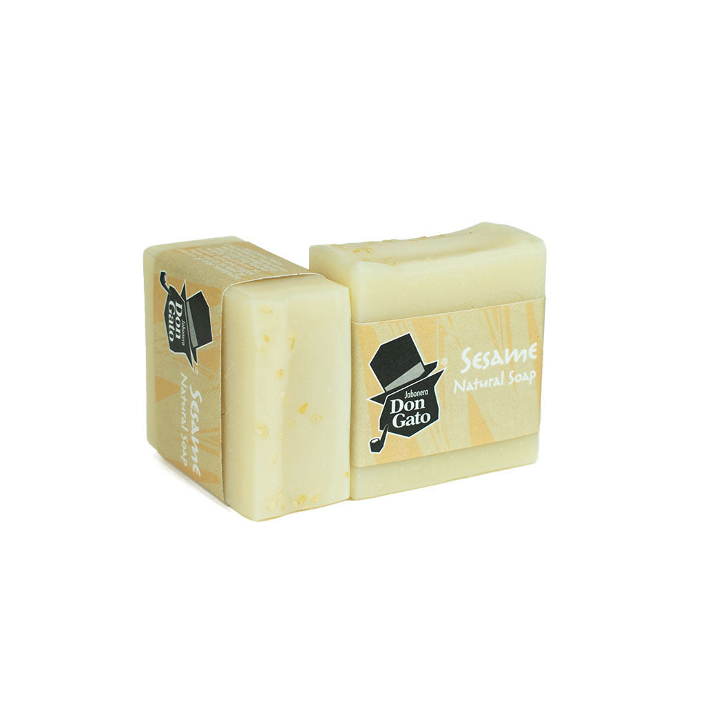 Don Gato sesame unscented natural soap bar with cream label, handmade from natural ingredients, light beige bar on white surface.